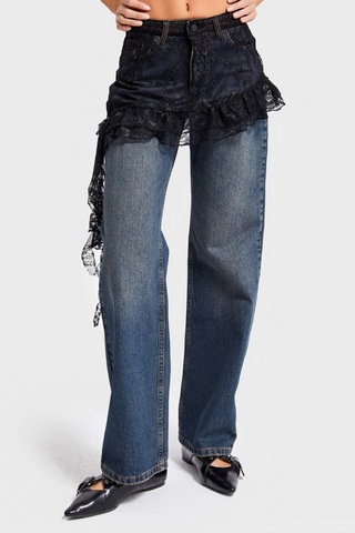 it's basic Kadın Kot Rengi 2w5-8 Straight Fit %100 Koton Dantel Detaylı Etek Özel Tasarım Denim Jean Mavi