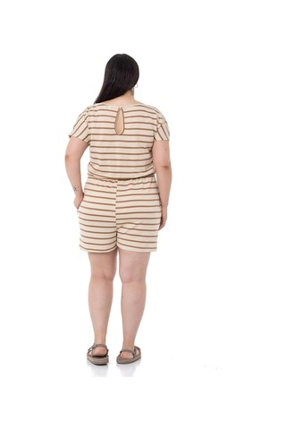 Büyük Beden Düşük Kollu Beli Lastikli Cepli Vizon Çizgili Şort Tulum-vizon Vizon