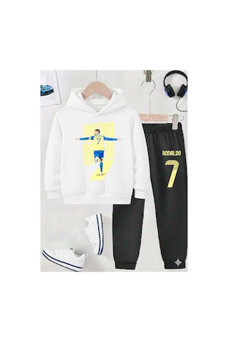 Stil X Ronaldo Baskılı Erkek Çocuk Eşofman Takımı, 3 İplik Şardonlu Kumaş Siyah-beyaz 5