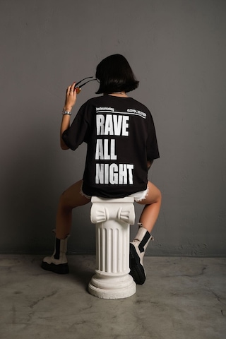 Technomonkey Unisex Siyah Oversize Rave All Night Baskılı Tişört