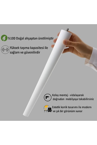 Ahşap Ayak 45 Cm Beyaz M8 Civatalı Bağlantı Aparatlı Mobilya Tabure Sehpa Masa Destek Ayağı Beyaz