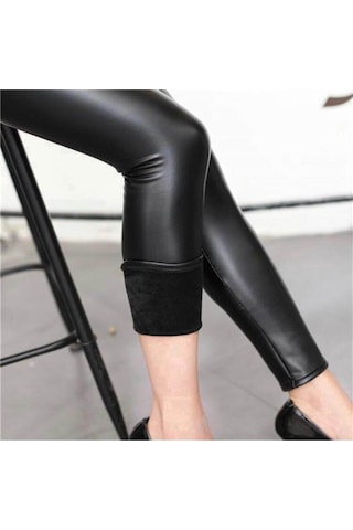 Içi Peluşlu Siyah Deri Tayt Yüksek Bel Korsajlı SiYAH