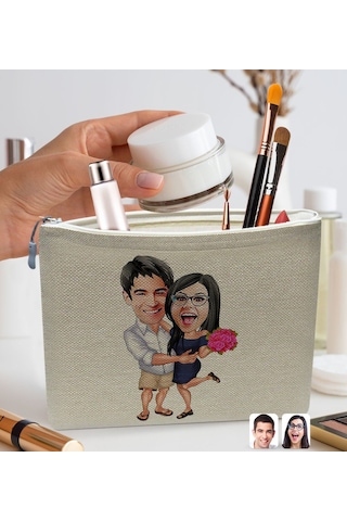 Bk Gift Kişiye Özel Sevgililer Karikatürlü Keten Makyaj Çantası, Sevgiliye Hediye, Arkadaşa Hediye, Sevgililer Günü Hediyesi, Doğum Günü Hediyesi-3