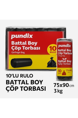 Pundix Pundıx Battal Boy Çöp Torbası 75x90 Cm 10 Lu Rulo Opp Ambalajlı Toplam 3 Kg Dayanıklı, Sızdırmaz Ve Geniş Hacimli Çöp Poşeti