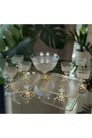 Çnr Home Collection Paşabahçe Gold Detayli Metal Ayakli Senum & Servis Seti Pasta, Magnolia, Kurabiyelik Gold