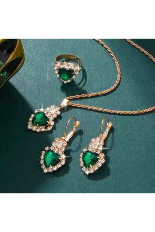 Kadın Yuvarlak Saat Ve Kolye+küpe+yüzük Takı Seti, 5 Adet/takım Yeşil