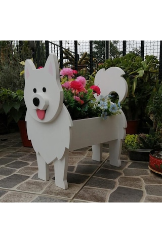 Jeehugo Ahşap Köpek Şekilli S Boyutlu Bahçe Ve İç Mekan Süs Bitki Kasesi - Samoyed Desenli, Dışarıda Ve İçeride Kullanılabilir