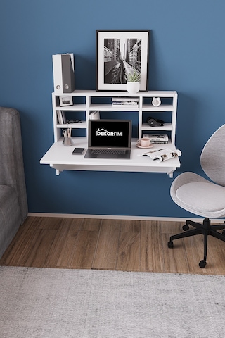 Df01104cm Duvara Monte Katlanır Çalışma Masası Raflı Duvar Masası, Minimal Tasarım Beyaz