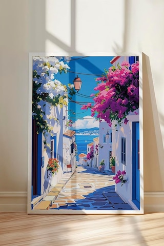 Zestia Beyaz Çerçeveli Tablo, Yunan Adası Sokak Manzarası, Balkon Dekoru Poster No: 111245 50 X 70