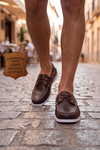 Nautical Hakiki Deri Kahverengi Kauçuk Anti Sararma Özellikli Taban Boat Shoe Loafer Makosen Cas... Beyaz - Kahverengi