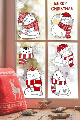 Sevimli Noel Kedileri Ve Kar Taneleri Yılbaşı Pencere Duvar Sticker Seti