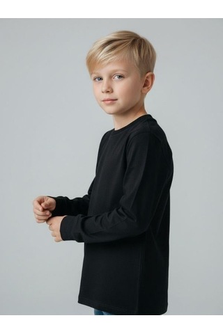 Zekids Erkek Çocuk Pamuklu Uzun Kol Basic T-shirt-16713 SIYAH