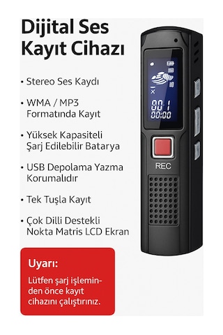 8 Gb Dijital Ses Kayıt Cihazı Stereo Kayıt Tek Tuşla Kullanım Minimal Tasarım, Maksimum Ses Kalitesi
