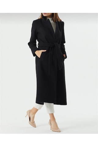 Siyah Yakalı Kuşak Kapama Yün Kaşe Manto Kaban