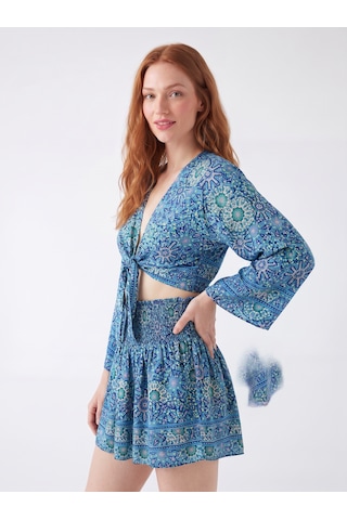 Pulchrani Boho Tarzı Bağlamalı Crop Üst Ve Mini Etek Seti Mavi - Yeşil