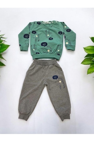 Erkek Bebek Dinazor Baskılı Pamuklu Eşofman Takım-15176 Yesil