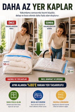 Ultra Boy Vakumlu Hurç 90x120 Cm 1 Adet Çift Kilitli Vakum Poşeti Yorgan Battaniye Saklama Çuvalı Şeffaf