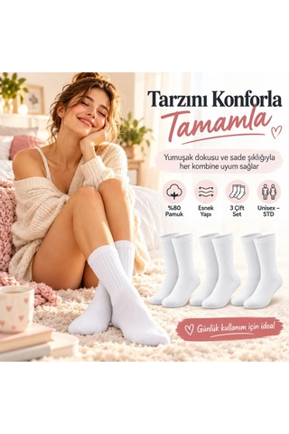 Womanandkids Wak Unisex Beyaz Soket Çorap %80 Pamuk 12'li Set Dikişsiz Burun Takviyeli Esnek Günlük Spor Çorabı R