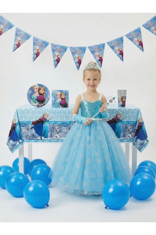 Butikhappykids Frozen Elsa Temalı Kız Çocuk Prenses Elbise Askılı Tüllü Kabarık Taç Asa Eldiven + Doğum Günü Parti Seti Hediyeli Mavi