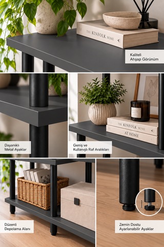 Modern 4 Raflı Kitaplık Salon Düzenleyici Metal Ayaklı Dekoratif Kitaplık Ve Çok Amaçlı Raf Ünitesi Antrasit