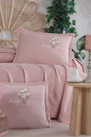 Butik Çift Kişilik Nakış Detaylı Pike Takımı Etta V4 Pudra