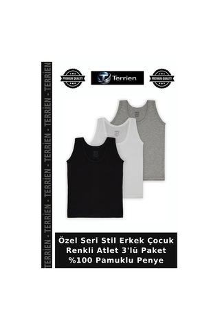 Terrien Özel Seri Stil Erkek Çocuk Renkli Atlet 3'lü Paket %100 Pamuklu Penye Çok Renkli