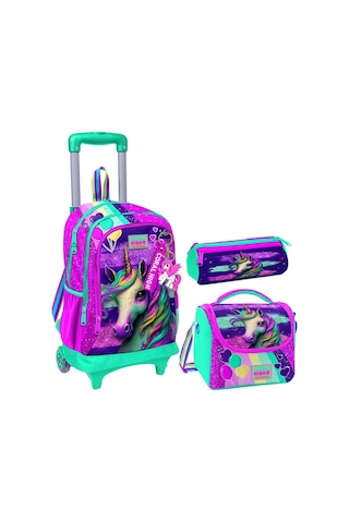 Coral High Pembe Su Yeşili Unicorn Üçlü Çekçek Işıklı Tekerlekli Çanta Seti - Kız Çocuk