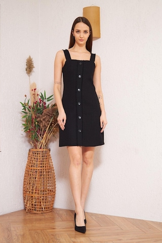 Darlin Moda Siyah Askılı Düğme Detaylı Mini Elbise DM1011 Siyah