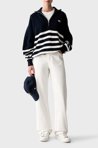 Tommy Jeans Yarım Fermuarlı Çizgili Relaxed Fit Dik Yaka Logolu Kazak Kadın Kazak Dw0dw22928 0a9 Mavi