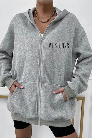 Altamira Unisex Gri Wrst Sırt Baskılı Ince Mevsimlik Kapşonlu Oversize Hırka 001