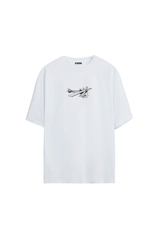 Thewert Unisex Antika Uçak Baskılı Beyaz Oversize Tshirt
