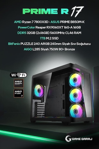 Game Garaj PRIME-R17 R7-7800X3D 16 GB RX9060XT 32 GB 1 TB SSD Free Dos Oem Paket Masaüstü Oyuncu Bilgisayarı