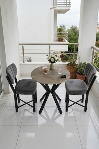 Mutfak Masası 70 Çap 2 Sandalyeli Traverten Görünümlü Balkon Bahçe Cafe Masa Seti Elma Antrasit