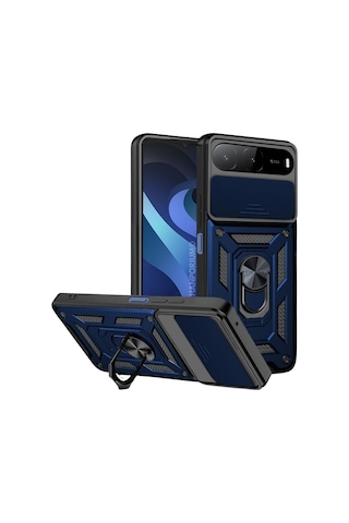 Tecno Spark 40 5g Uyumlu Tank Kılıf Yüzüklü Standlı Extra Koruma Zırhlı Outdoor Kapak Lacivert