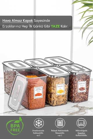 Meleni Home 6'lı Mega 3,5 Litre Bakliyat Kabı - Etiketli Lena Kavanoz Erzak Saklama Kabı
