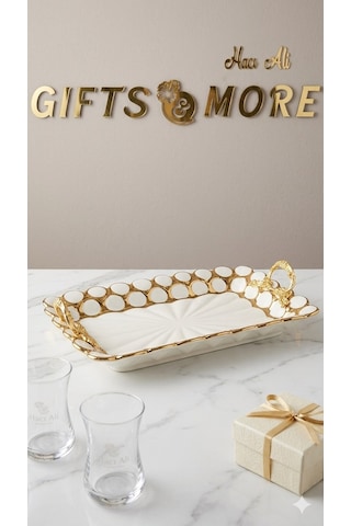 Dikdörtgen Beyaz-gold Sunum Tepsisi 36x22 Cm Çok Renkli