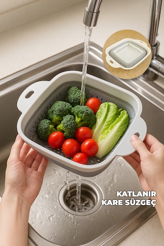 Yer Kaplamaz Katlanır Kare Süzgeç - Katlanabilir Kare Yıkama Süzgeci - Akordiyon Pirinç Süzgeci Beyaz - Gri