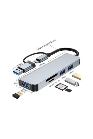 Fortunelane Usb3.0 5gbps + 3xusb2.0 + Sd/tf Okuyucu 5-in-1 Hub: Alüminyum Gövde, Gri Renk Type-c'den Usb'ye Çevirici