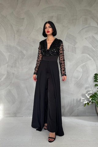 Munn Collection Siyah Kolları Tül Etekli Tulum Siyah