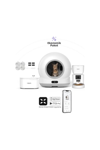 Xenon Smart Akıllı Otomatik Kedi Tuvaleti Paslanmaz Çelik Kaseli 4lt Hazneli Mama Kabı Led Işıklı Su Pınarı Ve Filtre 4'lü Pet Seti