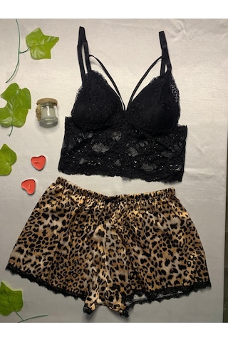 Leopar Desenli Saten Şortlu Bralet Takım Kahverengi
