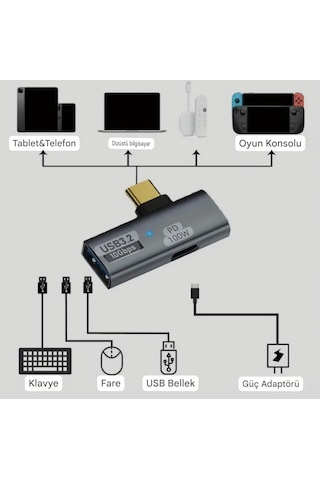 E-kervan 2'si 1'arada Type-c To Pd 100w Hızlı Şarj +usb Giriş 3.2 Çeviri Dönüştürücü Adaptör Ce Lisanslı Sertifikalı 1 Adet