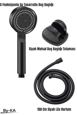 5 Fonksiyonlu Duş Başlığı+ Siyah Duş Askısı+ 150 Cm Siyah Hortum Siyah