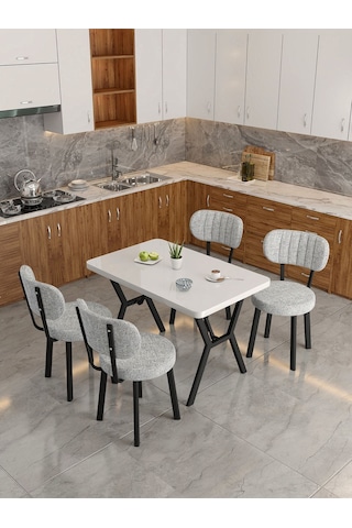 Azra 70x110cm Beyaz Mutfak Masası, Mutfak Masası Takımı, Yemek Masası, 4 Açık Gri Sandalye Açık Gri