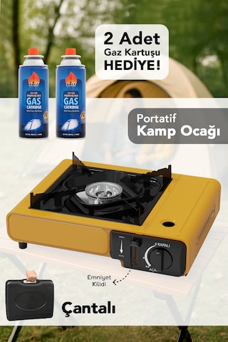 Portatif Kamp Ocağı - Taşıma Çantalı Gazlı Stop Emniyetli Sarı Kamp Ocağı Ve 2 Adet 227 Gr Kartuş Sarı