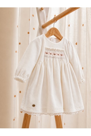 Babyhola Kız Bebek Çocuk Kadife Elbise 0-36 Ay Çiçek Nakışlı Şık Bayramlık Nostaljik Ekru 13413