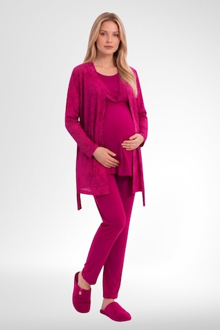 Mecit Pijama Mecit 6406 Fuşya Dantel Sabahlıklı Lohusa Pijama Takımı