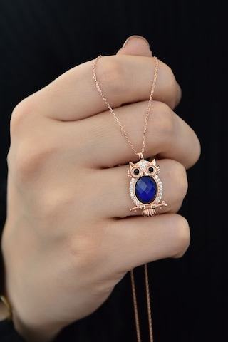 Papatya Silver 925 Ayar Gümüş Rose Altın Kaplama Siyah Göz His Taşı Baykuş Kolye