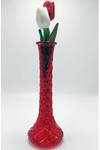 El Yapımı Kırmızı Renk Baklava Model Cam Karanfillik 25cm