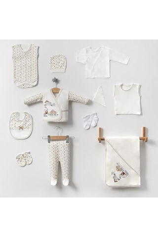 Bombinoo Bebe Arabalı Trenli 11 Parca Hastane Çıkışı Yenidoğan Zıbın Set Ekru - Kahverengi